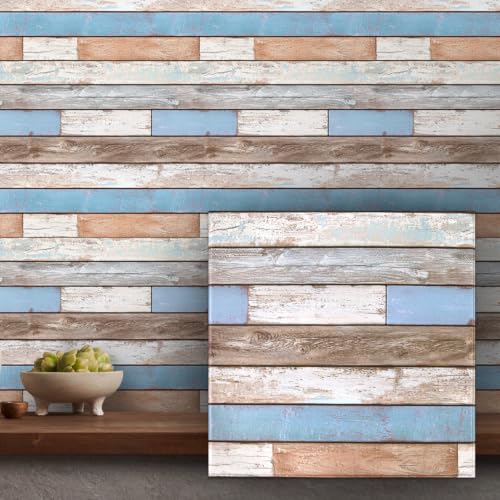 COMSTICKC 3D Peel and Stick Faux Wood Wall Sticker, 10 Pcs 11.8" x 11.8" - color: Blue/Brown