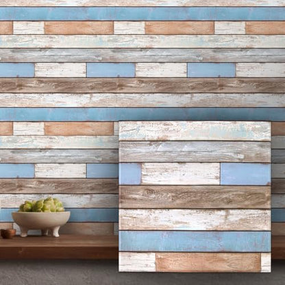 COMSTICKC 3D Peel and Stick Faux Wood Wall Sticker, 10 Pcs 11.8" x 11.8" - color: Blue/Brown
