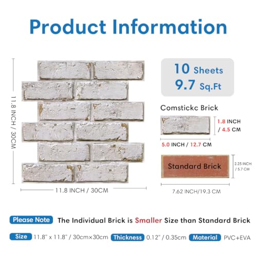 COMSTICKC 3D Faux Brick Wall Panels Peel and Stick, 10 Pcs 11.8" x 11.8" - color: Retro Yellow and White