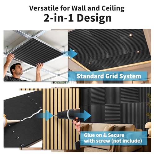 Art3d 6-Pack Acoustic Wood Slat Panel & Ceiling Tile, 2 x 2 ft, Blackwood - color: Blackwood, size: 24 x 24 inch