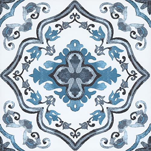 FloorPops Marrakesh Peel and Stick Floor Tiles, Blue, Floral Vinyl Floor Tiles, Water Resistant, 12 in x 12 in, Pack of 10 - size: 12"L x 12"W x 0.06"T