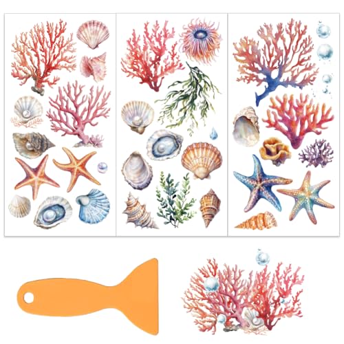 OLYCRAFT 3pcs/Set Ocean Rub on Transfers for Furniture and Crafts 6x12 Inch Coral Shell Furniture Decals Transfer Stickers Starfish Rub on Decal with 1pc Scraper for Wood Furniture Home Decoration - style: Ocean