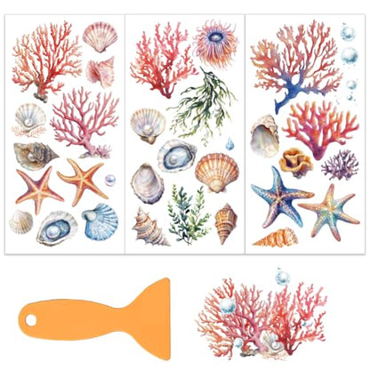 OLYCRAFT 3pcs/Set Ocean Rub on Transfers for Furniture and Crafts 6x12 Inch Coral Shell Furniture Decals Transfer Stickers Starfish Rub on Decal with 1pc Scraper for Wood Furniture Home Decoration - style: Ocean