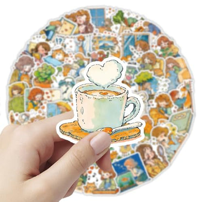 50PCS Cozy Cat Girl Stickers, Waterproof Vinyl Watercolor Aesthetic Decals for Scrapbooking, Journaling, Water Bottles, Laptops, Envelopes, Cup, Suitcase, Cute Home & Cat Lover Stickers for Girls - color: Cozy Cat Girl -6