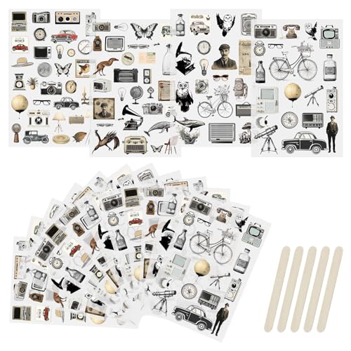 WANDIC 16 Sheets Rub On Transfer Stickers Set, 4 Styles Retro Vintage Mixed Pattern Self Adhesive Stickers Decals for Scrapbook Journal - style: Vintage Theme
