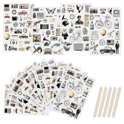 WANDIC 16 Sheets Rub On Transfer Stickers Set, 4 Styles Retro Vintage Mixed Pattern Self Adhesive Stickers Decals for Scrapbook Journal - style: Vintage Theme