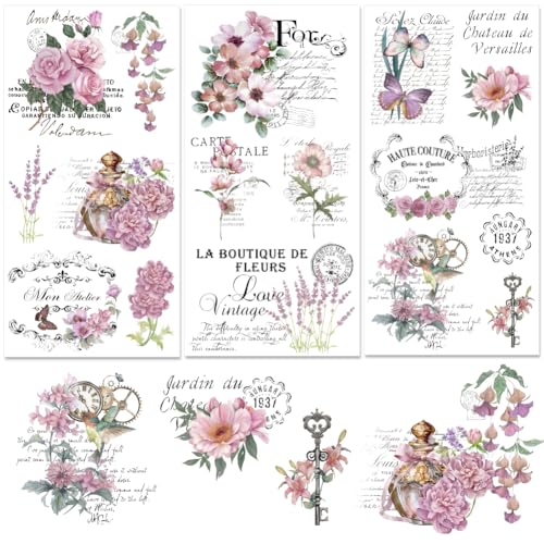 Vintage Flower Rub on Transfers Waterproof Retro Furniture Transfers Decals Hummingbird Farmhouse Rub on Decals 6 x 12 Retro Word Iod Transfers Rub on Stickers for Wood Door Craft - style: Style 2- Retro French