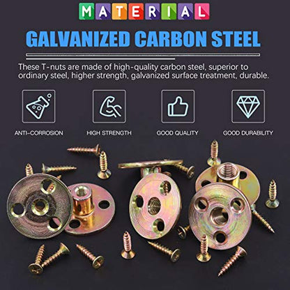 Glarks 64Pcs M6(1/4'') Brad Hole Tee Nut with Mounting Screws Set Zinc Plated Carbon Steel 3-Hole T-Nuts Furniture Hardware Flange Insert Female Thread for Wood Furniture - size: 1/4''(M6) - 64Pcs
