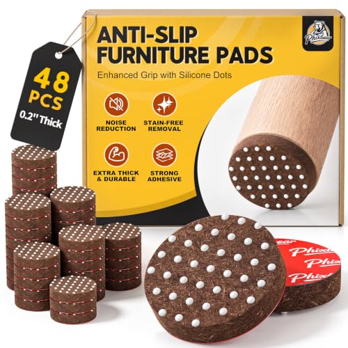 Felt Furniture Pads for Hardwood Floors - Non Slip Chair Leg Protectors with Silicone Gripper Dots - 0.2" Extra Thick Floor Protection for Dining Tables & Chairs, 1 Inch Round, 48 Pack, Brown