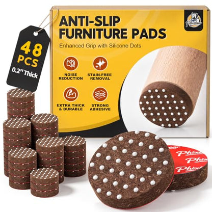 Felt Furniture Pads for Hardwood Floors - Non Slip Chair Leg Protectors with Silicone Gripper Dots - 0.2" Extra Thick Floor Protection for Dining Tables & Chairs, 1 Inch Round, 48 Pack, Brown