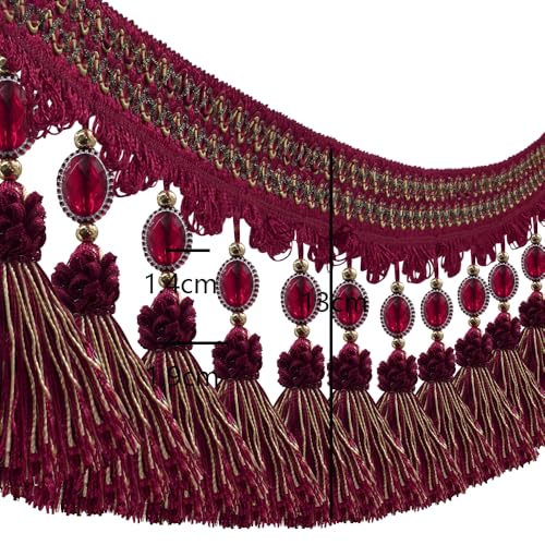 3yards Pom Pom Curtain Fringe Trim Beads Ball Tassel Trimming Sewing Ribbon Upholstery Fabric (red) - color: red