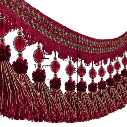 3yards Pom Pom Curtain Fringe Trim Beads Ball Tassel Trimming Sewing Ribbon Upholstery Fabric (red) - color: red