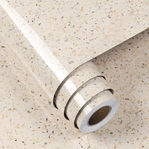 FunStick 24"x200" Glossy Beige Granite Countertop Contact Paper Beige Terrazzo Wallpaper Peel and Stick Countertops Waterproof Self Adhesive Granite Wallpaper for Kitchen Bathroom Counter Top Covers - color: Beige, size: 24" x 200"