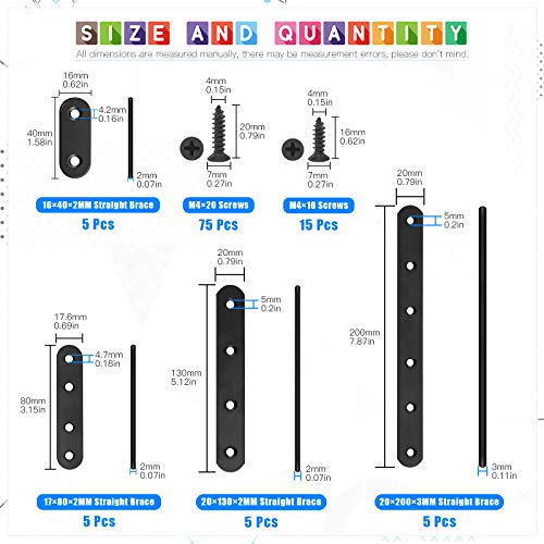 Glarks 110Pcs 20Pcs 40mm 80mm 130mm 200mm Flat Straight Corner Brace Black Metal Joint Plate Connector Repair Fixing Bracket with Mounting Screws Set for Wood Furniture - size: 4 Size Flat Brackets Set