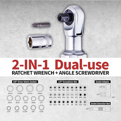BEX 44pcs 2-in-1 3/8" Electric Ratchet Wrench and 1/4" Right Angle Screwdriver Kit for Tight Spaces USB-C Rechargeable, Socket & Bit Kit