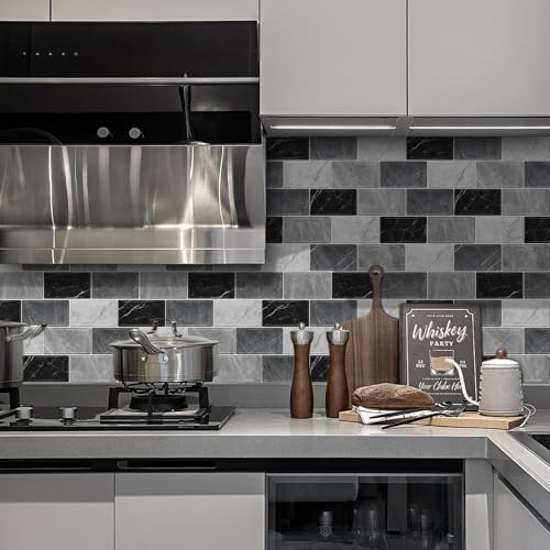 10 Sheets Peel and Stick Backsplash for Kitchen 12"X12" Renter Friendly Backsplash Back Splash Adhesive Subway Wall Tile Flat Vinyl Sticker for Bathroom Grey Marble (Not 3D Tile)