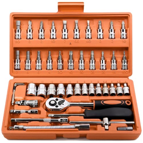 Egofine 46 Pieces 1/4 inch Drive Socket Ratchet Wrench Set, with Bit Socket Set Metric and Extension Bar for Auto Repairing and Household, with Orange Storage Case - color: Orange, size: 1/4" 46 PCS