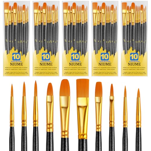 Acrylic Paint Brushes Set, 50Pcs Round Pointed Tip Artist Paintbrushes for Acrylic Painting Oil Watercolor Canvas Boards Rock Body Face Nail Art, Halloween Pumpkin Ceramic Crafts Supplies，Black - color: Black, size: 5 Pack