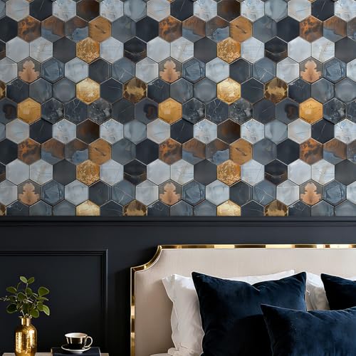 Livelynine Peel and Stick Backsplash Wallpaper Art Deco Geometric Hexagon Wall Tile Wallpaper for Kitchen Dark Navy Blue White Copper Metal Gold Vinyl Self Adhesive Contact Paper Waterproof 17.5x78.8 - size: 17.5x78.8 Inch