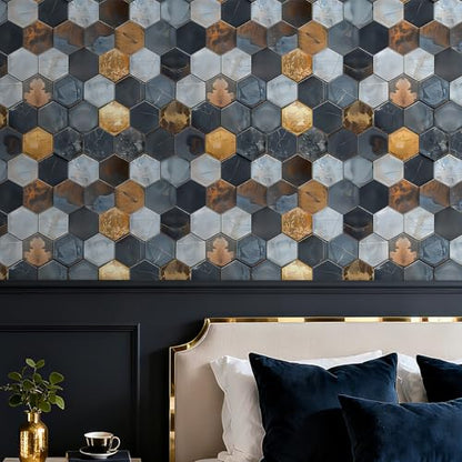 Livelynine Peel and Stick Backsplash Wallpaper Art Deco Geometric Hexagon Wall Tile Wallpaper for Kitchen Dark Navy Blue White Copper Metal Gold Vinyl Self Adhesive Contact Paper Waterproof 17.5x78.8 - size: 17.5x78.8 Inch
