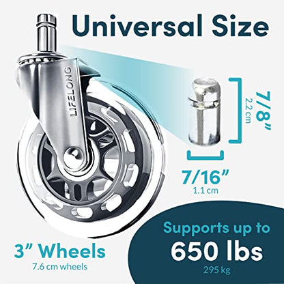 Lifelong Office Chair Wheels Replacement, Heavy Duty, Silver, 5-Pack - color: Silver, size: 3 Inch