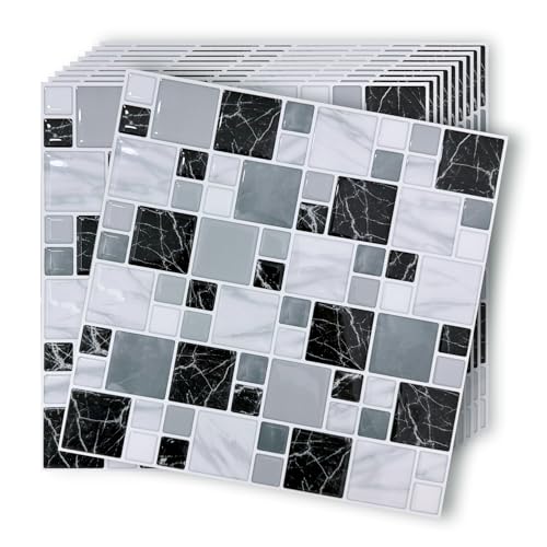 10-Sheet Marble Grey Peel and Stick Backsplash Tile 10" x 10", Self Adhesive 3D Wall Tile Waterproof Stick On Tiles for Kitchen Bathroom Fireplace, Grey Marble - color: Gray Marble
