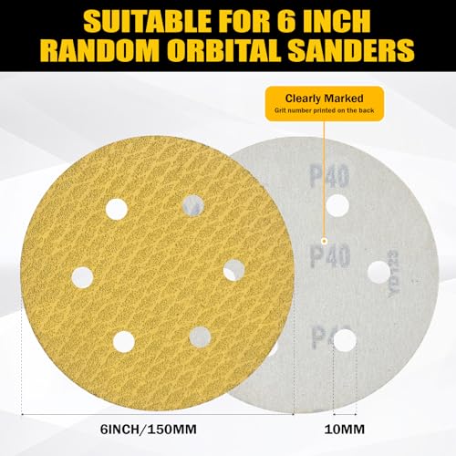 100Pcs 6 Inch 6-Hole Hook&Loop Sanding Discs, 240 Grit Diamond Yellow Sand, Dust-Free/Wear-Resistant, Latex Paper Base (No Fray), 135G Backing for Wood/Metal/Auto, DIY & Pros - style: 6inch-6Hole