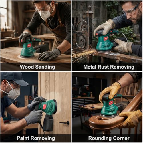 HYCHIKA 5‑Inch Random Orbital Sander, 6000‑13000 OPM, Electric Palm Sander, 6 Variable Speeds, 300W Motor with Upgraded Vacuum Dust Collector, 10 Pcs Sandpapers for Furniture Refinishing & DIY