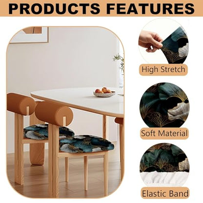 Chair Seat Covers - Waterproof Stretch Printed Dining Room Chair Cover with Elastic Ties Removable Washable Dining Upholstered Chairs Protector (Ginkgo Leaves, Four-Piece Set) - color: Ginkgo Leaves, size: Four-piece set