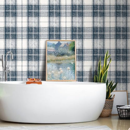 Livelynine 17.5x276 Plaid Peel and Stick Wallpaper Navy Blue and White Plaid Wall Paper Dark Blue Checkered Wallpaper Renter Friendly Gingham Tartan Farmhouse Buffalo Check Contact Paper for Drawers - size: 17.5x276 Inch