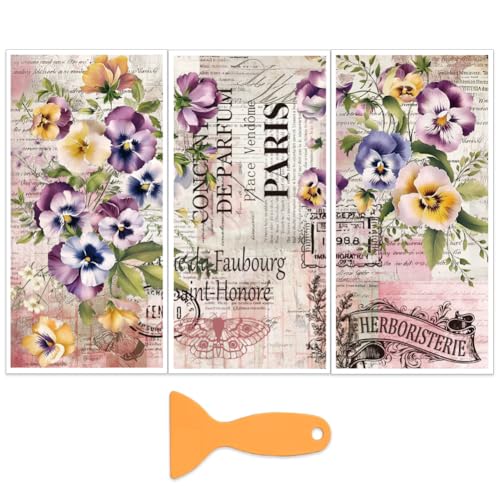 OLYCRAFT 3Pcs/Set Pansy Rub on Transfers for Furniture and Craft 6x12 Inch Vintage Poetry Furniture Decal Transfer Stickers Rub on Decal with 1pc Scraper for Scrapbook Window Home Decoration - style: Pansy