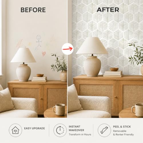 MelunMer Geometric Peel and Stick Wallpaper Boho Beige White 17.3''×118'' - color: Beige, size: 118"×17.3" (14.2 sq.ft)