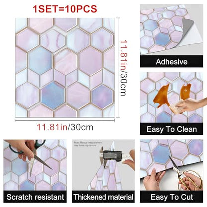 HOMETITUTE Pink Blue Hexagon Honeycomb Floor 12x12 Vinyl Tile - color: Pink