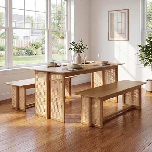 Mid-Century 3-Piece Dining Set with 2 Benches, 71 Inch, Natural - color: Natural