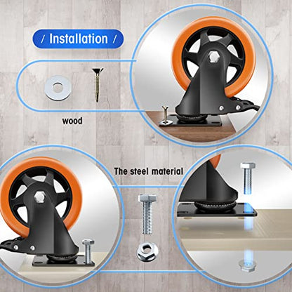 5" Swivel Plate Casters, 1400Lbs Capacity with Brake - color: Orange, size: 5 Inch