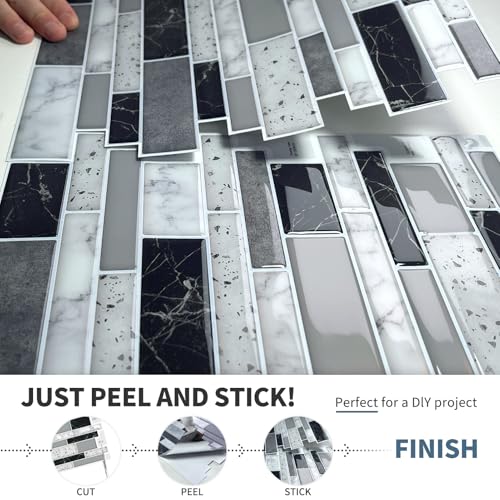 DEWOO Peel and Stick Kitchen Backsplash Tile 3D Self Adhesive Wall 10 Sheet - color: Black