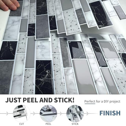 DEWOO Peel and Stick Kitchen Backsplash Tile 3D Self Adhesive Wall 10 Sheet - color: Black