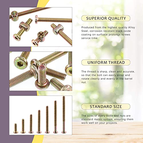 Swpeet 85Pcs M6 20/30/40/50/60/70/80mm Colored Zinc Screws Kit, Hex Socket Head Cap Crib Baby Bed Bolt and Barrel Nuts with 1Pc Allen Wrench Perfect for Furniture, Cots, Hardware Crib Screws