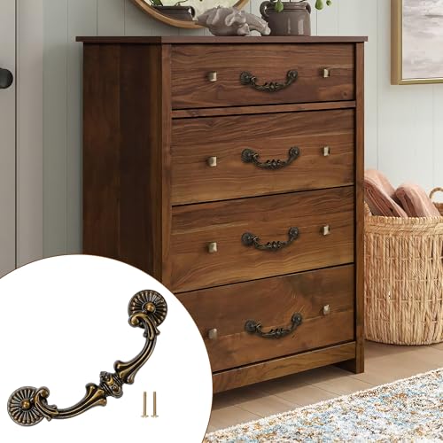 Antique Brass Drop Bail Pulls 5 Inch Hole Spacing – Vintage Handle for Dresser, Cabinet, Wardrobe – 128mm C-C Bail Pull, Bronze Metal Hardware, Shabby Chic Floral Knobs Replacement