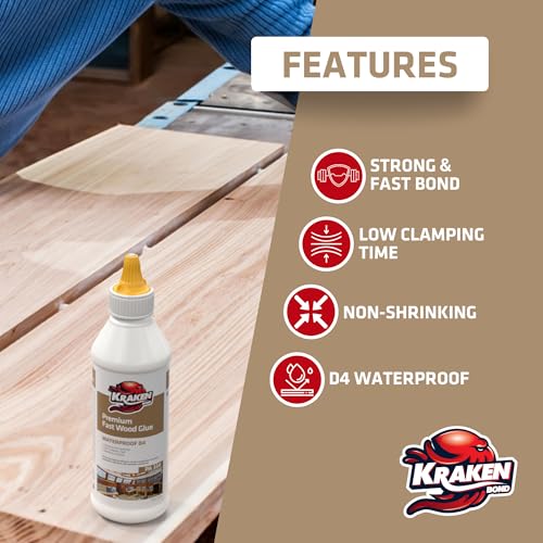 Kraken Bond D4 Fast Drying Wood Glue - (2x13.5 fl.oz.) Marine Grade Waterproof Polyurethane Glue for Outdoor, Boat, Furniture, Woodworking, Carpentry, Heavy Duty Marine Carpet Glue - 2 Pack - size: 2 Pack, style: D4 Marine Wood Glue
