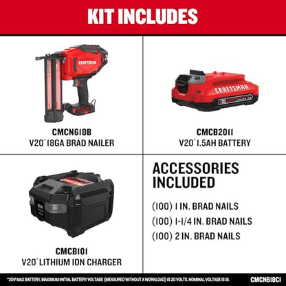 CRAFTSMAN V20 Cordless Brad Nailer, 18 Gauge Nail Gun, with Battery and Charger (CMCN618C1)