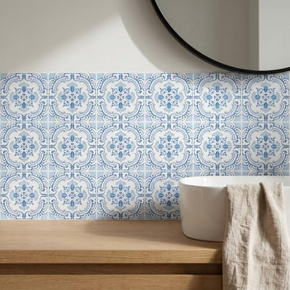 30 Pack, 4x4 Inch Classic Portuguese Azulejo Tile Decals, Blue and White Peel and Stick Vinyl for Backsplash, Stairs & Furniture (Light Blue) - color: Light Blue