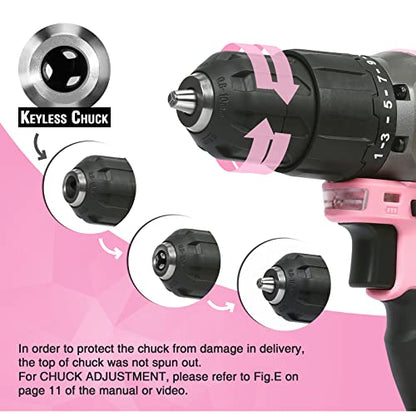 WORKPRO 20V Cordless Drill Driver Set, Pink, 3/8" Keyless Chuck