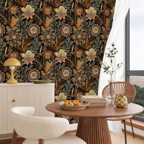 Laatse Boho Dark Black Gold Floral Wallpaper Peel and Stick 17.5"x787" - color: Black/Brown, size: 17.5" x 787"