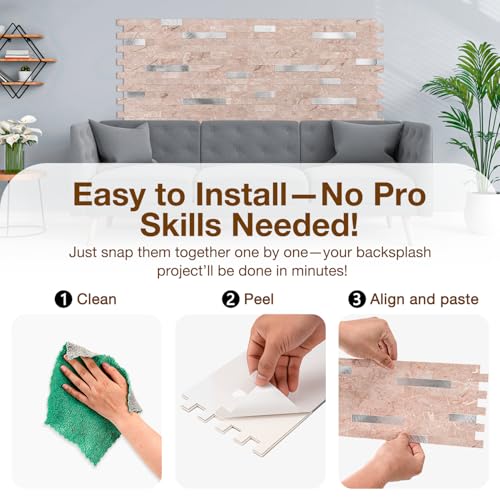 Peel and Stick Backsplash Tile Waterproof Removable PVC Wall Sticker 3D Faux Stone Marble Brick White Accent Panels (Pink Marble - Metal Silver, 40 Tiles - 18 sq. ft. (1.68 m²)) - color: Pink Marble - Metal Silver, size: 40 Tiles - 18 sq. ft. (1.68 m²)