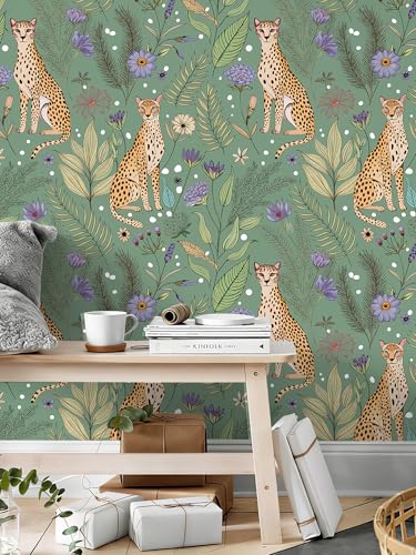 Floralplus Cheetah Peel and Stick Wallpaper Sage Green Wallpaper - color: Sage Green, size: 17.5" x 118"