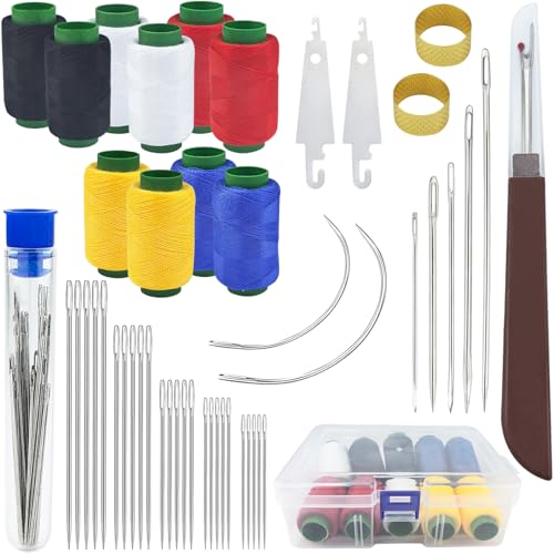 Upholstery Repair Sewing Needles Kit, 47pcs Needle and Thread Set with Seam Ripper, Leather Hand Sewing Stitching Needles, Threader, Thimble, Thread for Car Seats Carpets Shoes Backpacks Craft DIY
