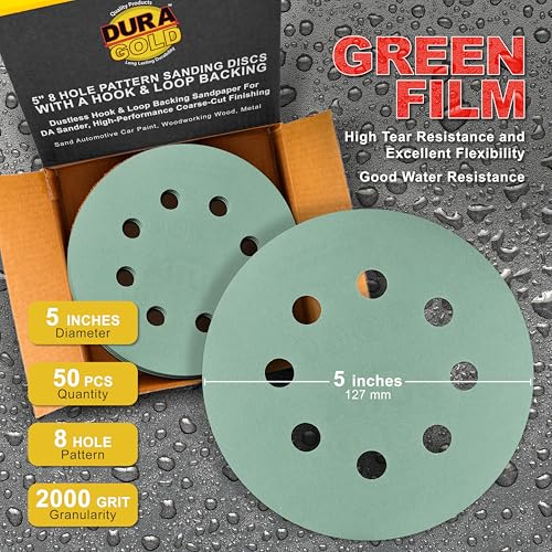 Dura-Gold 5" Green Film Sandpaper Discs, 2000 Grit, 8 Hole Pattern 50 Discs - size: 2000-Grit - Green Film