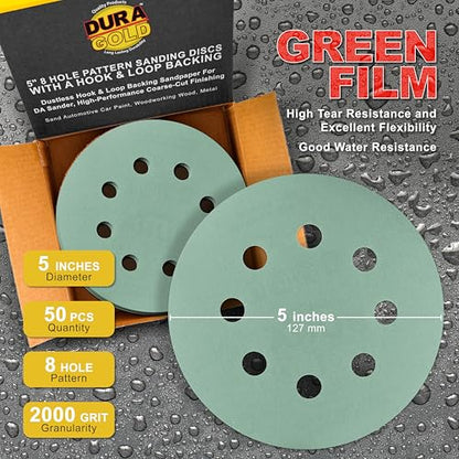 Dura-Gold 5" Green Film Sandpaper Discs, 2000 Grit, 8 Hole Pattern 50 Discs - size: 2000-Grit - Green Film