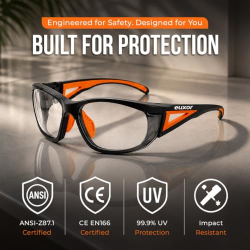 Brand, Safety Glasses Industrial Quality, Orange Frame, Clear High Impact Anti-Fog Anti-Scratch, ANSI Z87 EN 166 Certified UV400 Protective Eyewear, Soft Nose with Sturdy Orange Case (1 Piece)